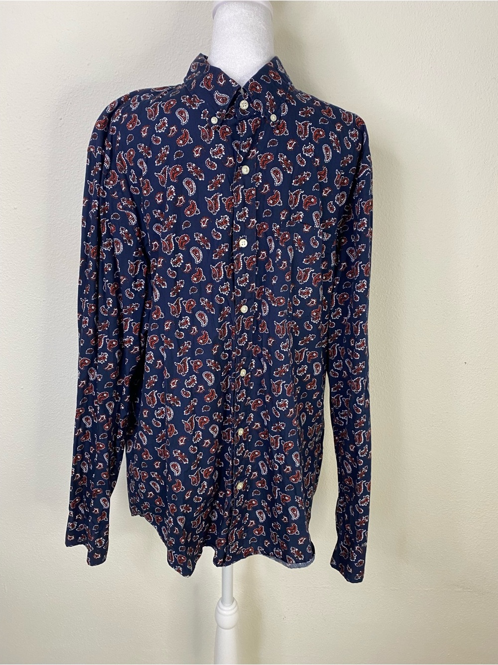 J. Crew Navy Paisley Button-Down Cotton Shirt L 100's 2-Ply Yarns Slim Americana